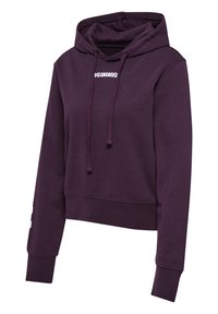 Lila Cropped Hoodie mit einer Kapuze mit Kordelzug, weißem Logo auf der Brust und gerippten Bündchen. Weiches Material mit glatter Textur.
