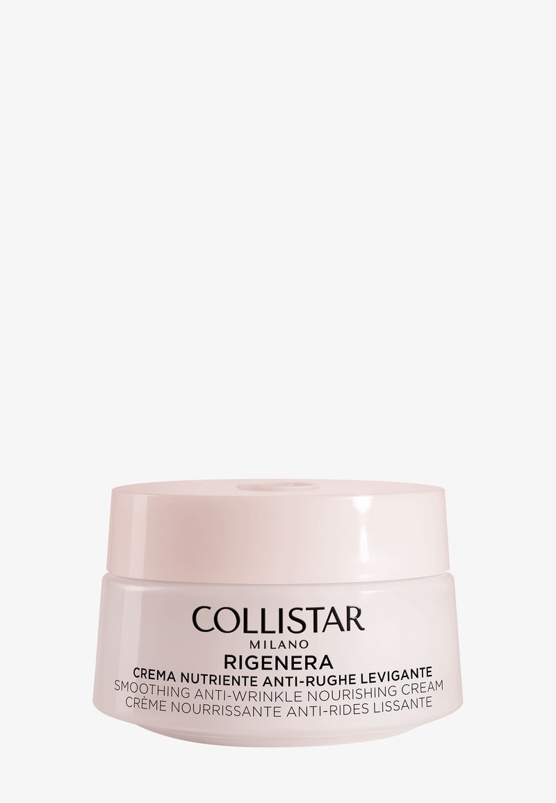 Krem nawilżający wygładzający przeciwzmarszczkowy Collistar Rigenera w różowym plastikowym słoiczku z białą nakrętką, z czarnym tekstem z przodu.