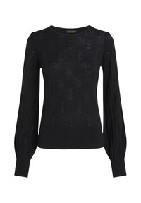 Schwarzer Strickpullover mit langen Puffärmeln, der ein strukturiertes Zickzackmuster und einen gerippten Saum aufweist. Schlichtes Rundhalsdesign, leichtes Material.
