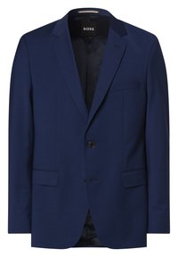Blazer da uomo blu navy con chiusura a un bottone, rever a scomparsa e due tasche frontali. Realizzato in tessuto liscio con una vestibilità su misura.