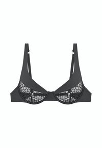 Zwarte beha met kantdetails, onderdraadsteun en brede bandjes. Heeft een gladde stofbasis en ingewikkelde gelaserde kantsecties.