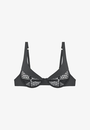 Black bra with lace detailing, underwire support, and wide straps. Features a smooth fabric base and intricate patterned lace sections.
