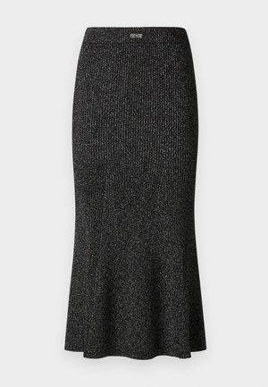 Black ribbed midi skirt in a stretch fabric, flared hem, subtle sheen, elastic waistband, featuring a logo accent near the top.