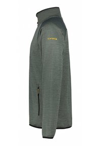 Grå zip-up fleecejacka med texturerad tyg, hög krage, svarta detaljer på axlarna, sidofickor med gulddragkedjor och åtsittande ärmavslut.