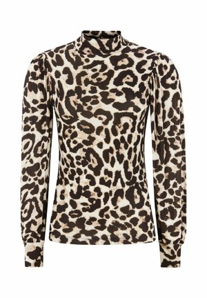 Majica z dolgimi rokavi iz gladkega materiala z visokim ovratnikom in leopardjim potiskom v črni in bež barvi, z napihnjenimi rameni.