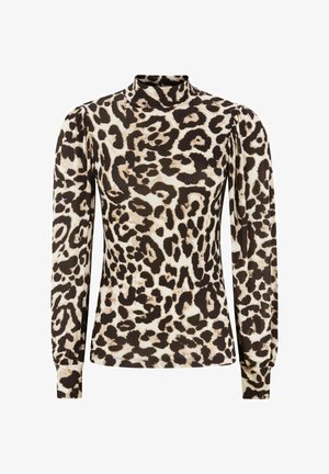 Langärmelig T-shirt van gladde stof met een hoge hals en een leoprint in zwart en beige, met puffed schouderdetails.