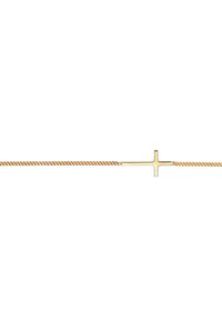 Guld kædearmbånd med et minimalistisk korsvedhæng. Kæden har et slankt, sammenføjet design, og korset er glat og poleret.