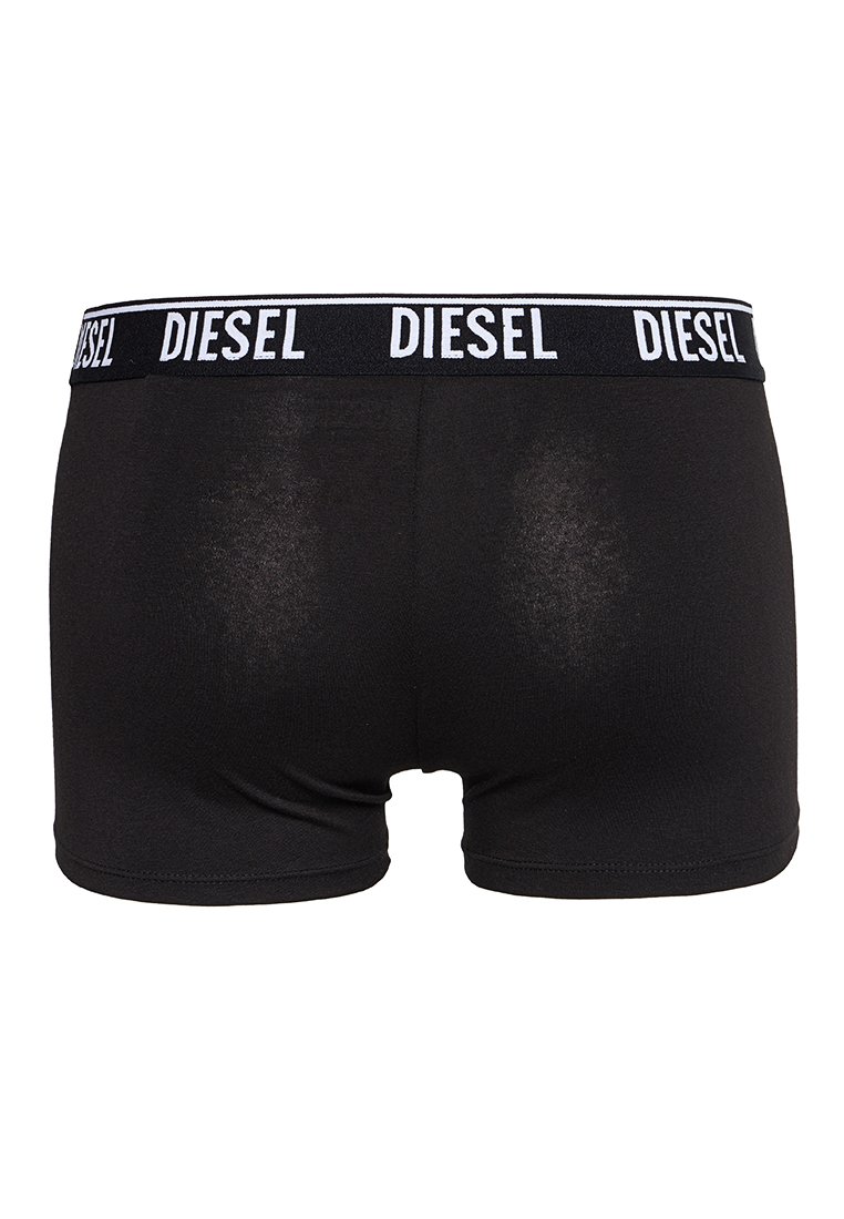 Pantalones cortos de boxer de algodón negro con una textura suave, presentan una cinturilla elástica blanca de marca etiquetada "DIESEL". Diseño minimalista, sin patrones.