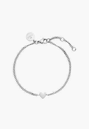 Silberne Kettenarmband mit einem zentralen Herzanhänger, mit einem Karabinerverschluss und einer verstellbaren Länge durch zusätzliche Glieder.