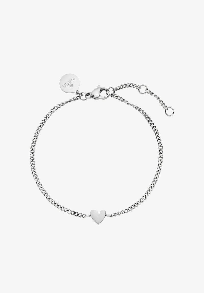 Silberne Kettenarmband mit einem zentralen Herzanhänger, mit einem Karabinerverschluss und einer verstellbaren Länge durch zusätzliche Glieder.