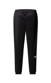 Black athletic pants made of soft, stretchable fabric. Features an elastic waistband, tapered legs, and a white logo detail near the hem.