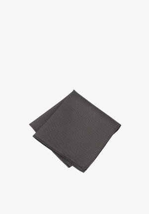 Dark gray fabric handkerchief with white polka dots, featuring a smooth texture and folded edges. Measures approximately 12 inches square.