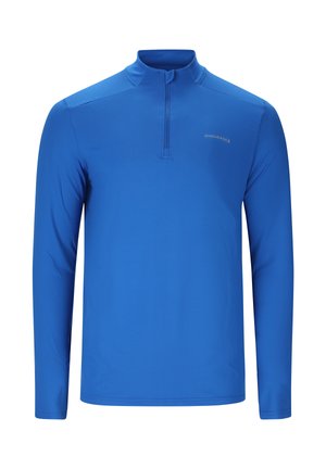 Blå langærmet træningstrøje med kvartlynlås og opretstående krave, med lille "Endurance" logo på venstre bryst.