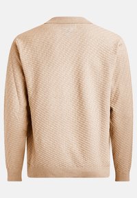 Pull en tricot beige avec un motif en diamant texturé, manches longues et ourlet et poignets côtelés. Design de col classique.