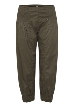 Olivegrüne lockere Hose mit einem gerafften Bund und gathered cuffs. Leichter, texturierter Stoff mit subtilem Glanz, geeignet für die Freizeit.