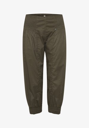 Olivegrüne lockere Hose mit einem gerafften Bund und gathered cuffs. Leichter, texturierter Stoff mit subtilem Glanz, geeignet für die Freizeit.