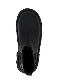 Stivaletto alla caviglia in pelle nera con pannelli laterali elastici, punta arrotondata e suola in gomma. Texture liscia con dettaglio di cuciture a contrasto.