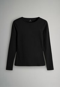 Schwarzes Langarmshirt aus weichem Material, mit rundem Ausschnitt und glatter Textur. Einfaches Design ohne sichtbare Muster oder Akzente.