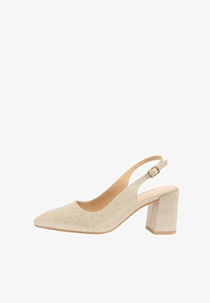 Décolleté slingback beige con texture, punta a punta, cinturino regolabile con fibbia e tacco largo.