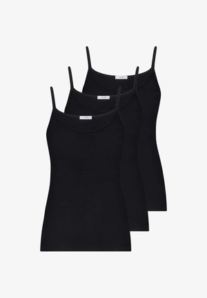 Tre canottiere nere in tessuto morbido, con spalline sottili, scollo arrotondato e una forma aderente. Senza motivi o decorazioni.