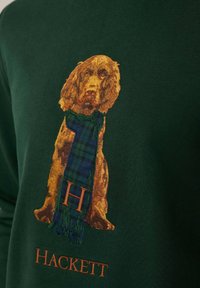 Sudadera verde con un perro bordado que lleva una bufanda de cuadros azul y verde, con "H" y "HACKETT" en texto naranja debajo del diseño.