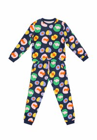Conjunto de sudadera azul marino que incluye una camiseta de manga larga y pantalones, decorados con formas abstractas coloridas en rosa, verde, naranja y amarillo.