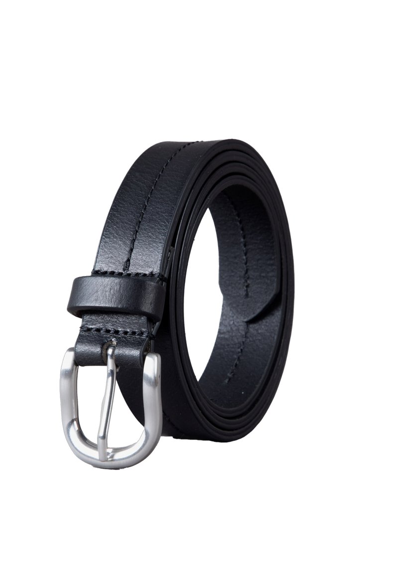 Black leather belt with a polished silver buckle, featuring stitched edges and a smooth, textured surface. Round shape, casual design.