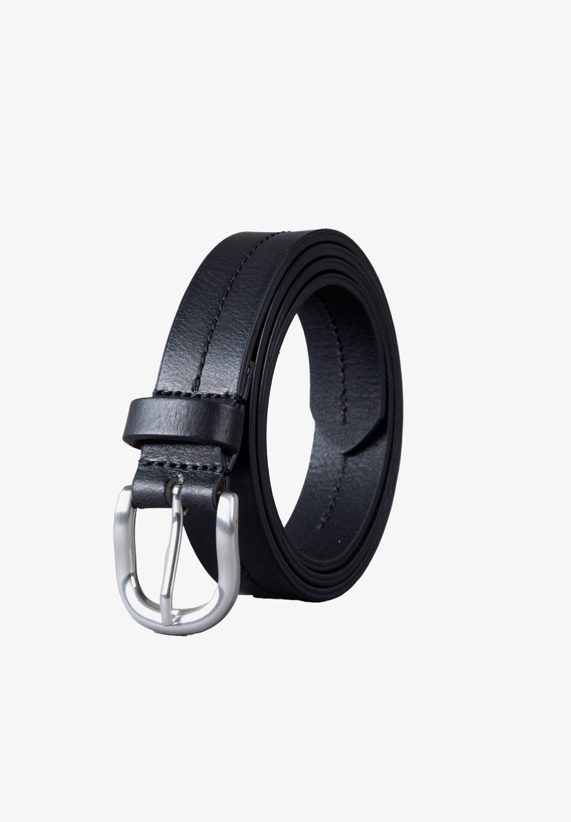 Black leather belt with a polished silver buckle, featuring stitched edges and a smooth, textured surface. Round shape, casual design.