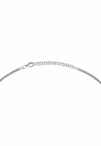 Silberne Kettenarmband mit geflochtenem Design, einem Karabiner-Verschluss und kleinen runden Gliedern für eine verstellbare Länge.