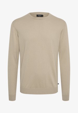 Bež pulover z dolgimi rokavi in okroglo ovratnikom, izdelan iz gladkega pletenega blaga. Ima rebraste manšete in rob, z diskretno teksturo. Oznaka je prikazana na vratu.