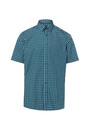 Chemise à manches courtes avec boutons, motif à carreaux bleu, noir et sarcelle, et col classique.
