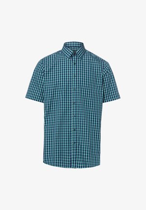 Overhemd met korte mouwen en knopen, blauw, zwart en teal ruitpatroon en een klassieke kraag.