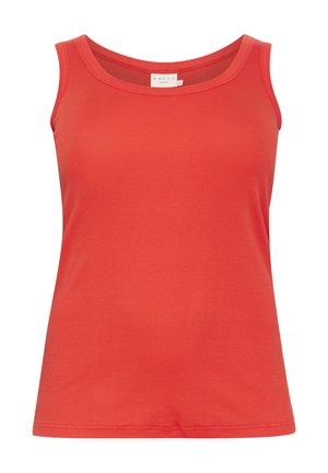 Canotta rossa senza maniche realizzata in tessuto a coste, con scollatura rotonda e un design aderente. Texture liscia senza ulteriori dettagli.