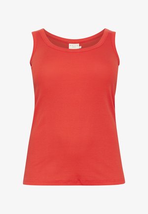 Débardeur sans manches rouge en tissu côtelé, avec un col rond et une coupe ajustée. Texture lisse sans accents supplémentaires.