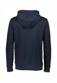 Tmavě modrá bavlněná mikina s kapucí na stažení, dlouhými rukávy a žebrovanými manžetami a lemem, s hladkou texturou a jednoduchým designem.