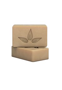 Beige Seifenstücke gestapelt, mit einer matten Textur und einem auf der Vorderseite geprägten Blätterdesign. Glatte Kanten mit rechteckiger Form.