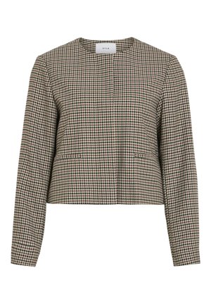 Chaqueta recortada de patrón houndstooth en marrón y crema, diseñada con cuello redondo y mangas largas, que cuenta con bolsillos laterales y una tela texturizada.