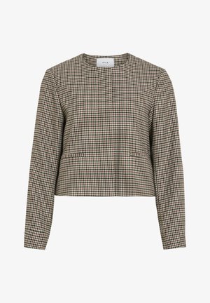 Rudas ir kremas houndstooth raštas, trumpas švarkas, su apykakle ir ilgomis rankovėmis, turintis šonines kišenes ir tekstūruotą audinį.