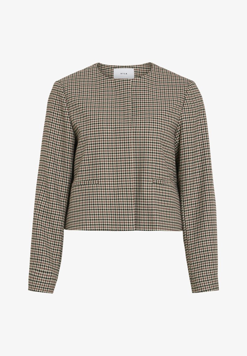 Brūnas un krēmkrāsas houndstooth raksta īsā jakā, kas izstrādāta ar apaļu kakla izgriezumu un garām piedurknēm, ar sānu kabatām un fakturētu audumu.