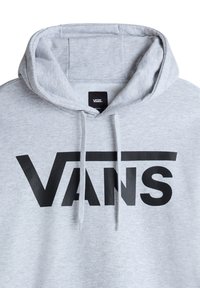 Felpa grigia in cotone con un grande logo nero "VANS", cordini e cappuccio foderato. Texture morbida con un design casual.