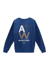 Niebieska bluza z okrągłym dekoltem, długimi rękawami oraz graficznym nadrukiem na plecach z tekstem i kształtami w białych i złotych odcieniach.