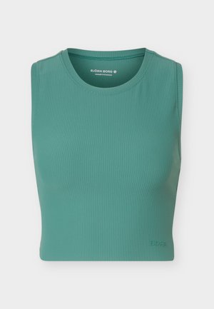 Ärmelloses, geripptes türkisfarbenes Croptop mit rundem Ausschnitt und dem „Björn Borg“-Logo, das nahe dem unteren Saum geprägt ist.