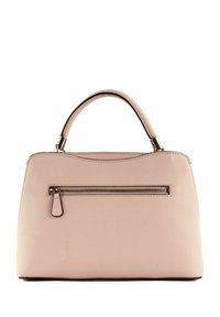 Borsa strutturata rosa chiaro con tasca frontale con zip, texture liscia, manico arrotondato e dettagli in metallo dorato.