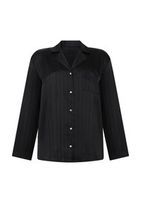 Zwarte satijnen langemouwen blouse met verticale streepjes, een gekartelde kraag, een borstzak en knoopsluiting. Gladde textuur en gestructureerde pasvorm.