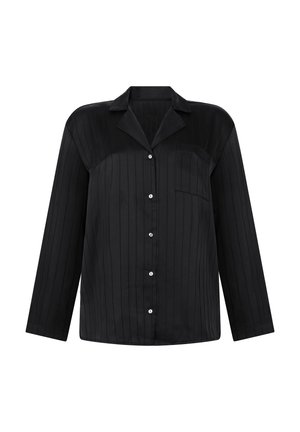 Zwarte satijnen langemouwen blouse met verticale streepjes, een gekartelde kraag, een borstzak en knoopsluiting. Gladde textuur en gestructureerde pasvorm.