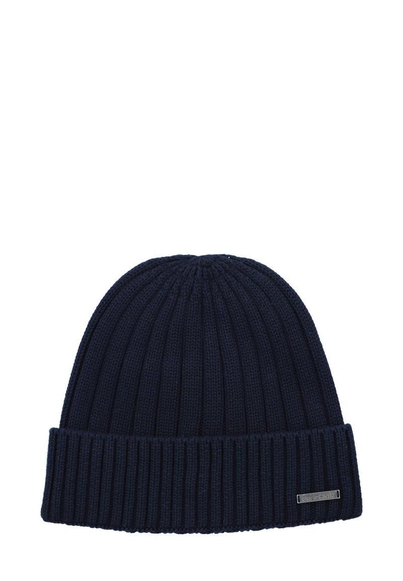 Granatowa dziana czapka beanie z pionowym żeberkowaniem i podwiniętym mankietem. Metalowa metka na mankiecie z detalami marki.