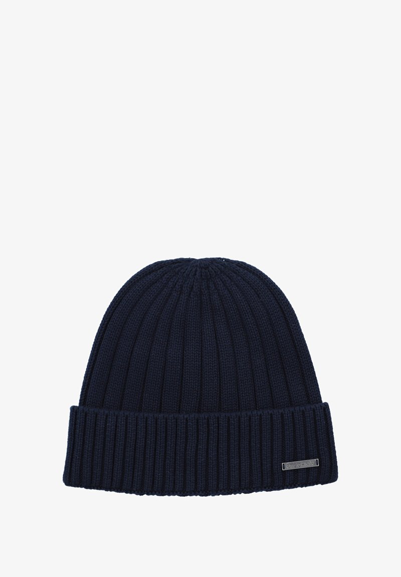 Granatowa dziana czapka beanie z pionowym żeberkowaniem i podwiniętym mankietem. Metalowa metka na mankiecie z detalami marki.