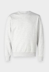 Sweat-shirt gris à manches longues, col rond, poignets et ourlet côtelés, fabriqué en coton doux, avec une texture lisse.