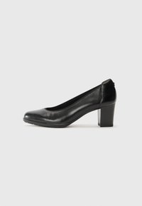 Black high-heeled shoe with a rounded toe, smooth leather upper, textured sole, and a broad block heel. Classic design suitable for formal wear.