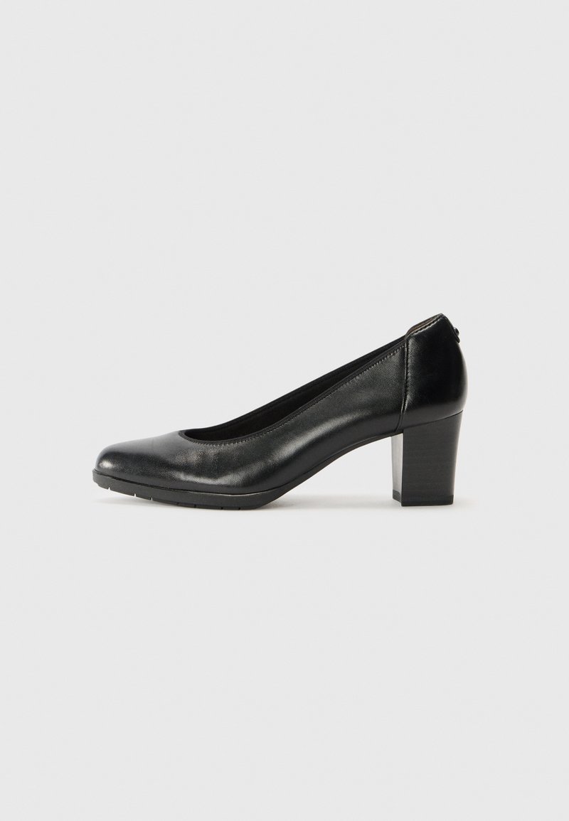 Black high-heeled shoe with a rounded toe, smooth leather upper, textured sole, and a broad block heel. Classic design suitable for formal wear.